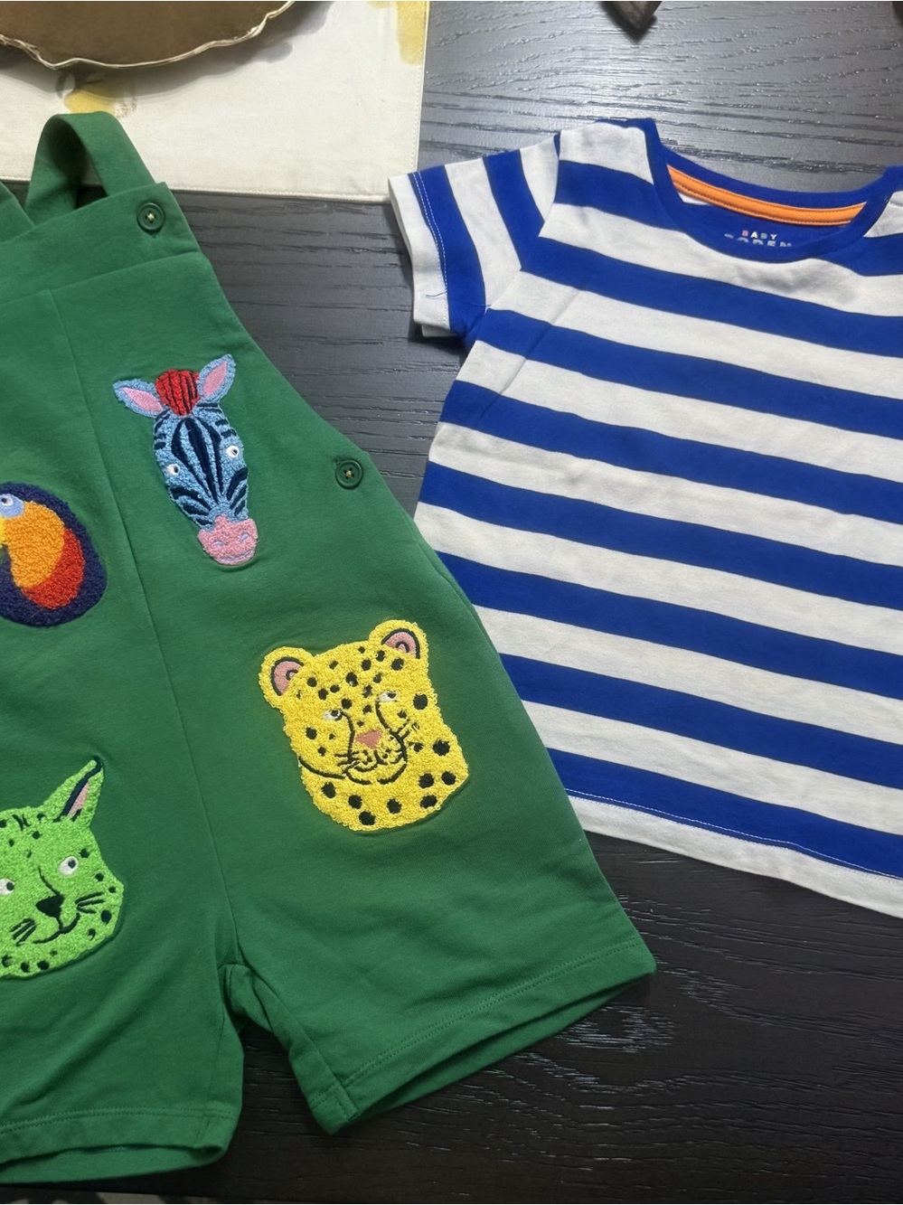 Boden Blue and White Striped Short Sleeve Tee with embroidered animals on jumper